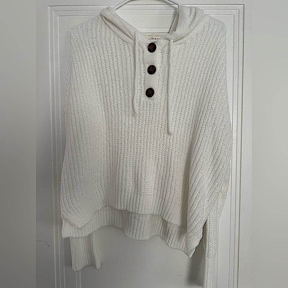 Ultra Flirt Hooded Drawstring Two Button Sweater